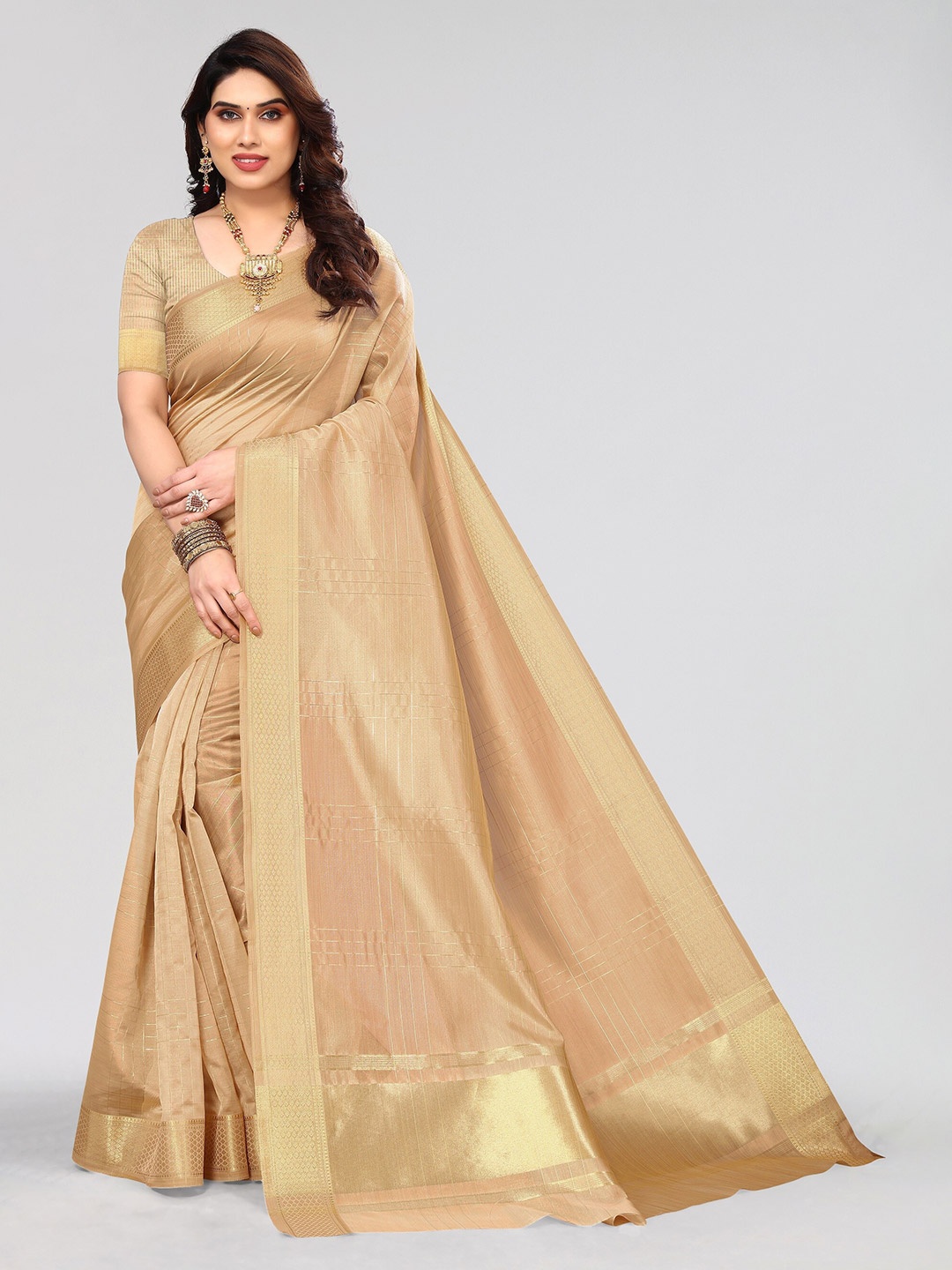 

Vivostav Designer Checked Zari Silk Blend Saree, Beige
