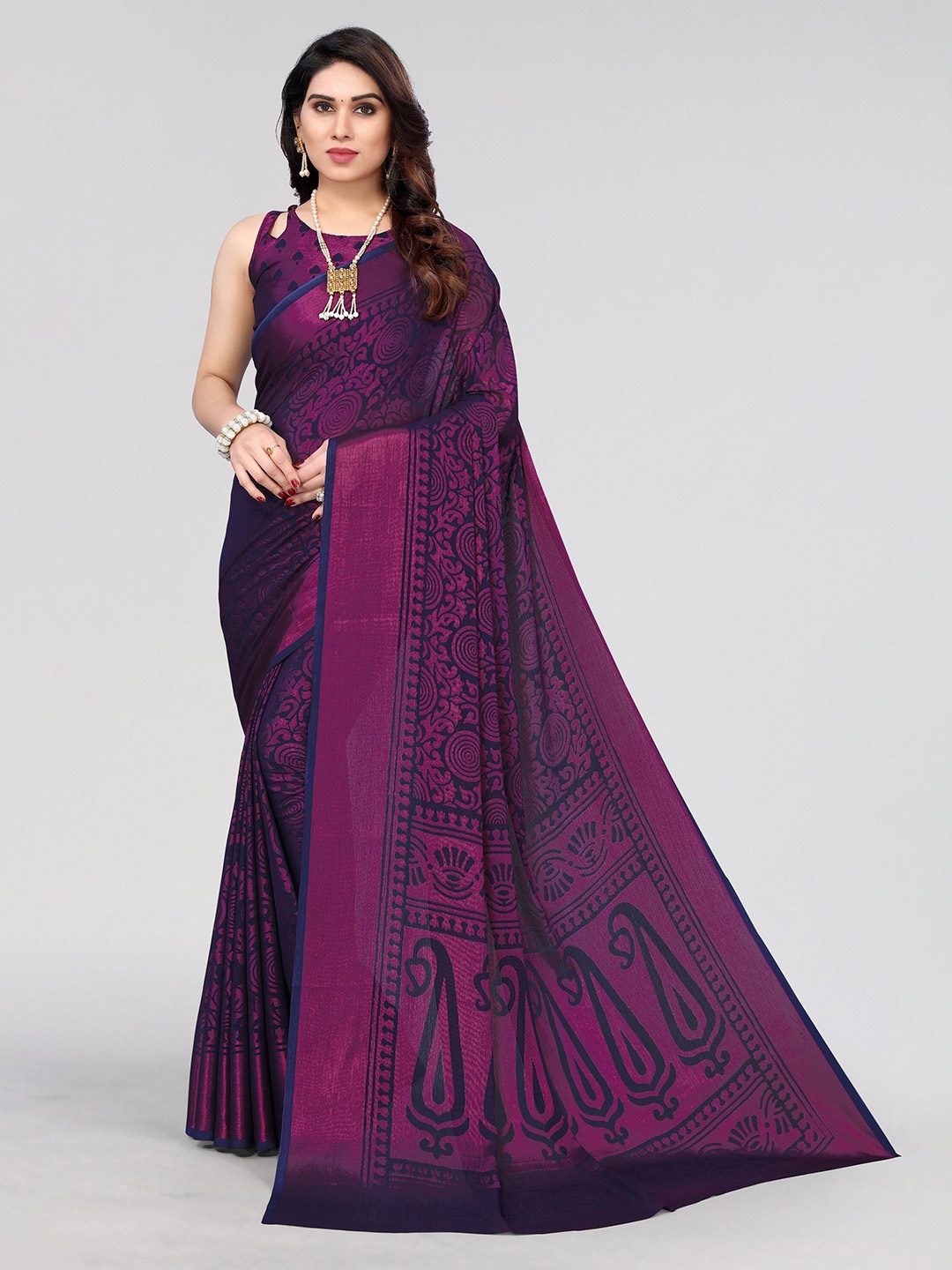 

Vivostav Designer Floral Pure Chiffon Saree, Navy blue