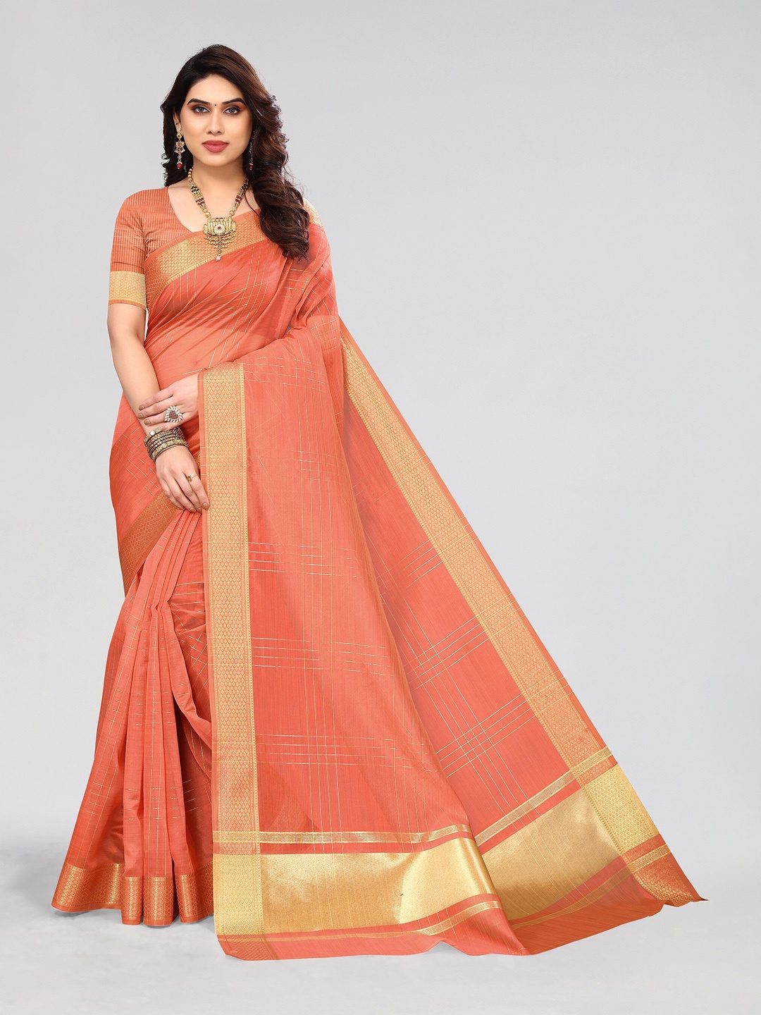 

Vivostav Designer Checked Zari Silk Blend Banarasi Saree, Peach