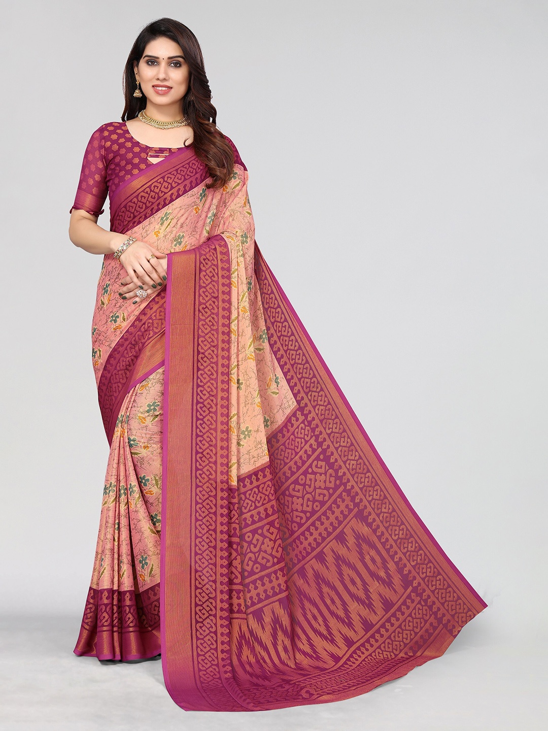 Vivostav Designer Floral Printed Pure Chiffon Banarasi Saree, Magenta