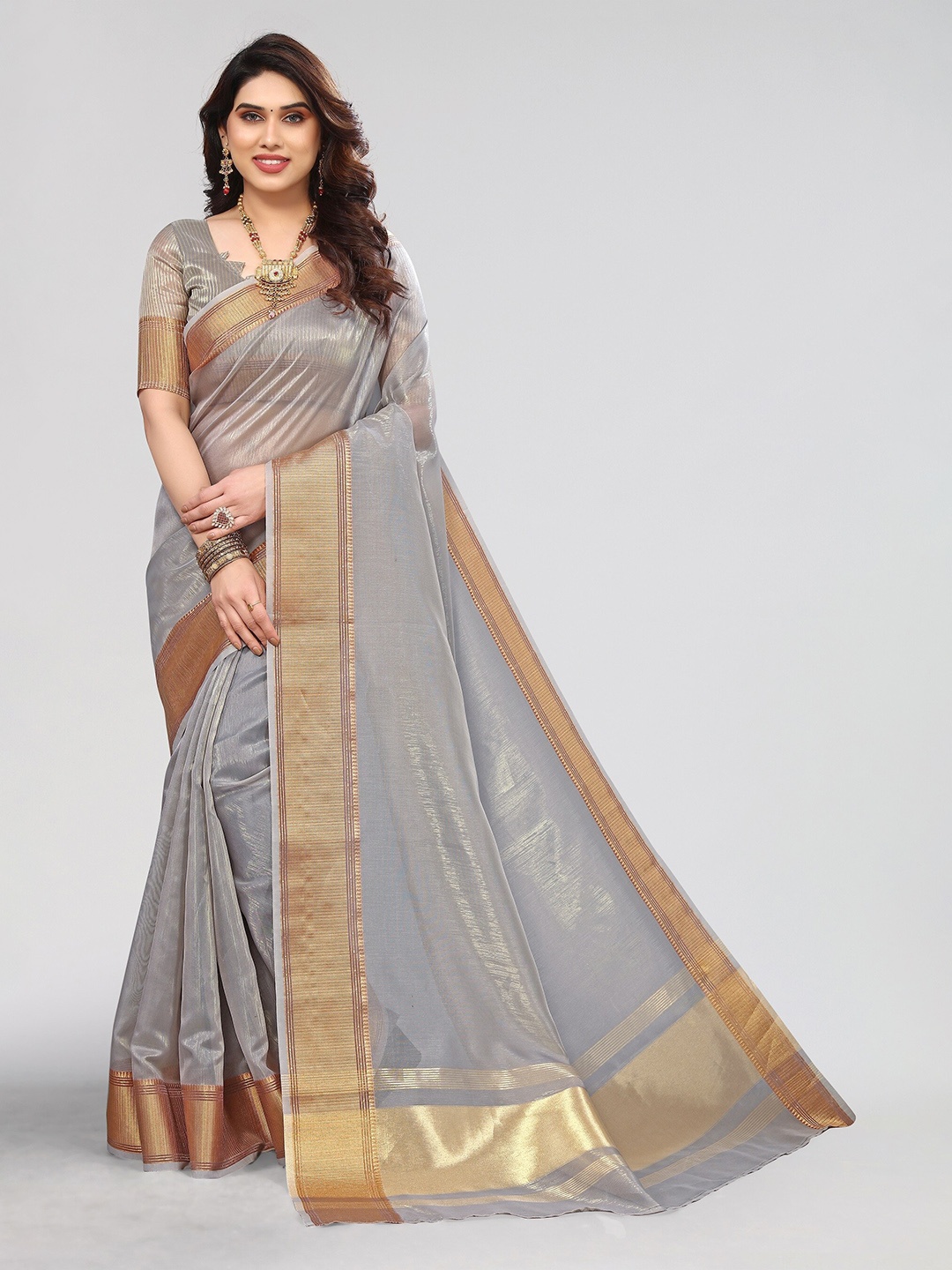 

Vivostav Designer Zari Silk Blend Banarasi Saree, Grey