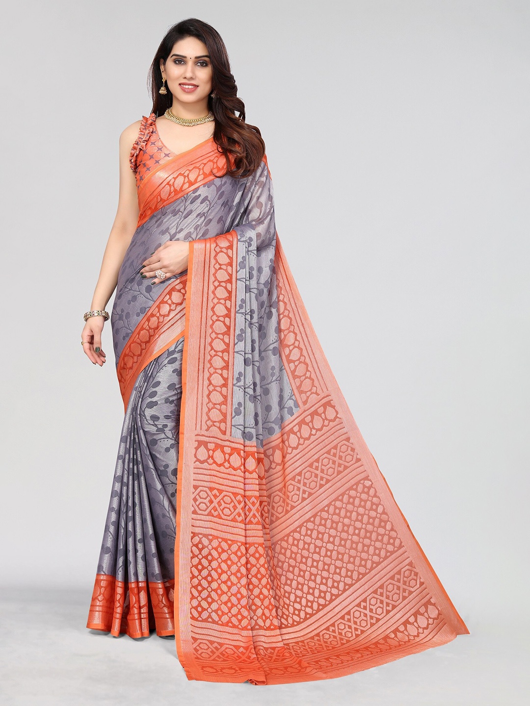 

Vivostav Designer Geometric Woven Design Pure Chiffon Banarasi Saree, Grey