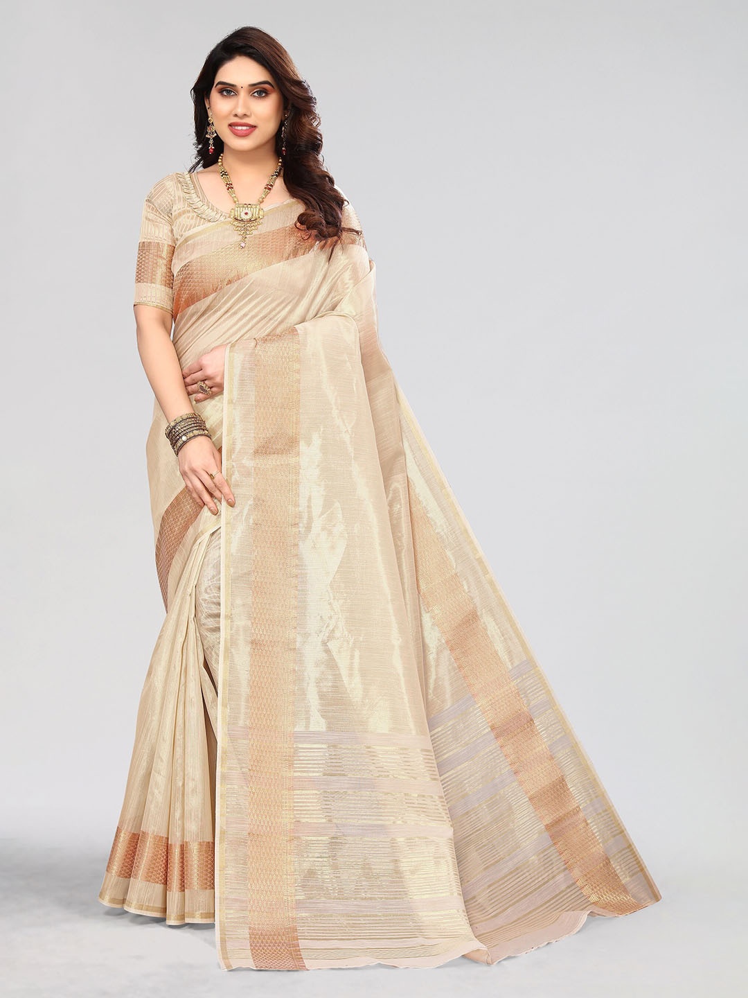 

Vivostav Designer Woven Design Zari Silk Blend Banarasi Saree, Cream
