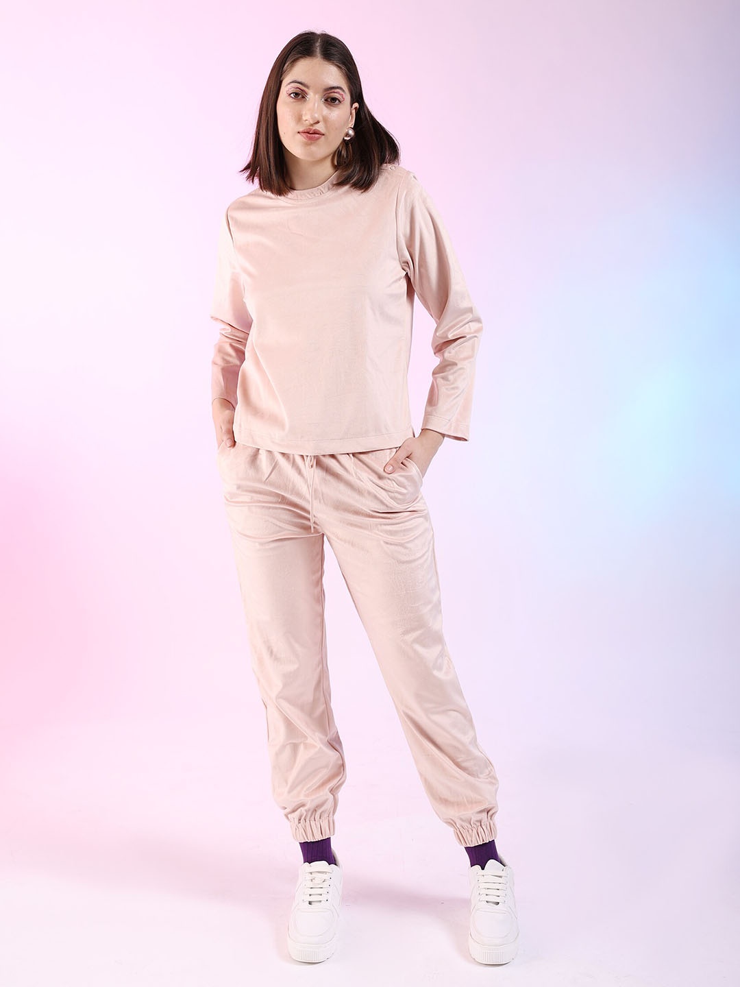 

Freehand by The Indian Garage Co Round Neck T-Shirt With Joggers Co-Ords, Pink