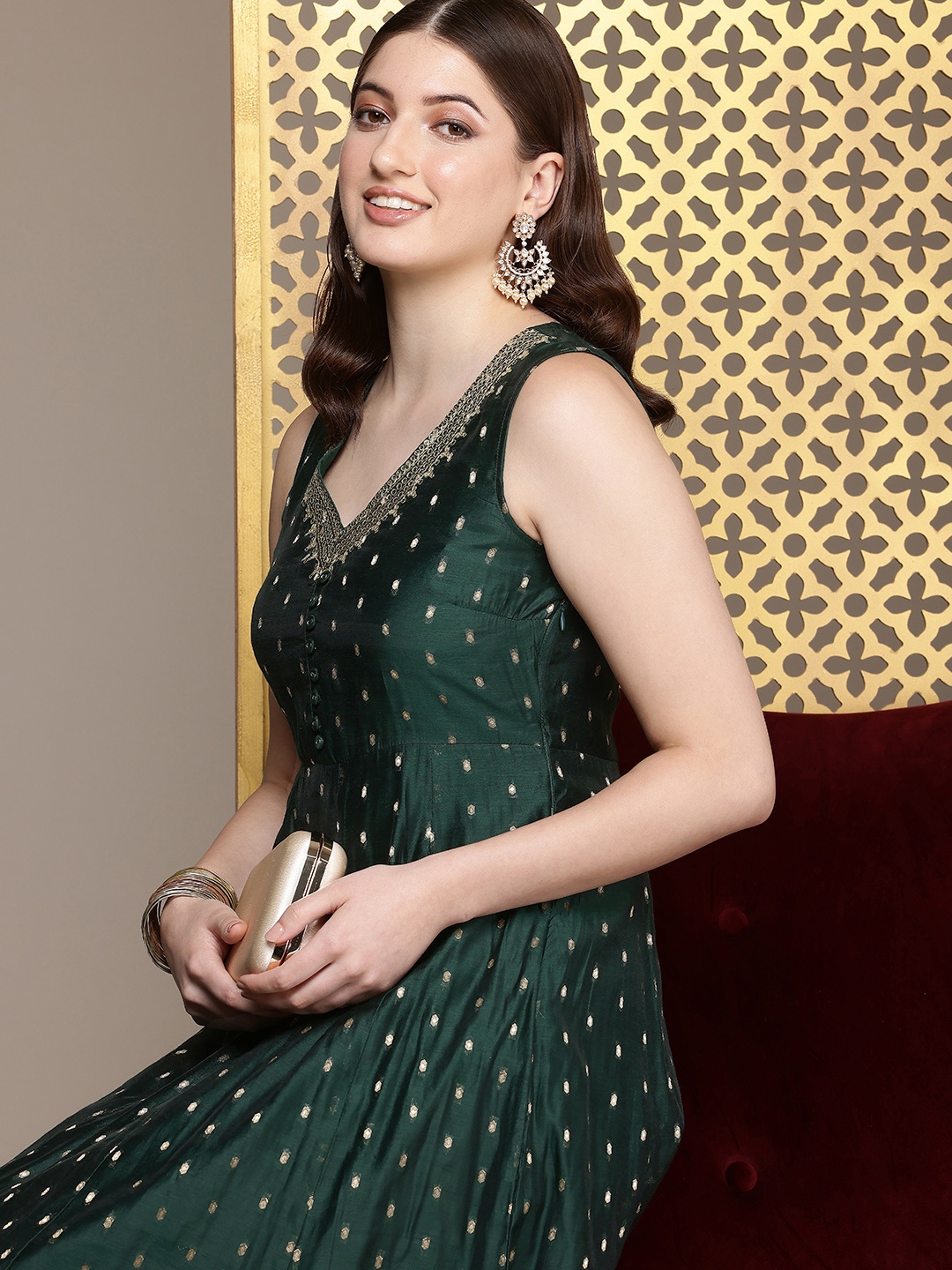 

House of Pataudi Woven Design Zari Sequinned A-Line Jashn Kurta, Green