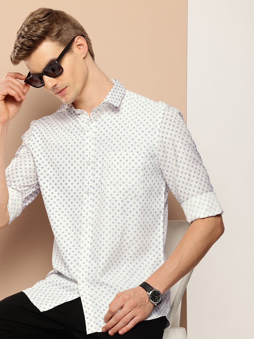 

encore by INVICTUS Geometric Printed Cutaway Collar Casual Shirt, White