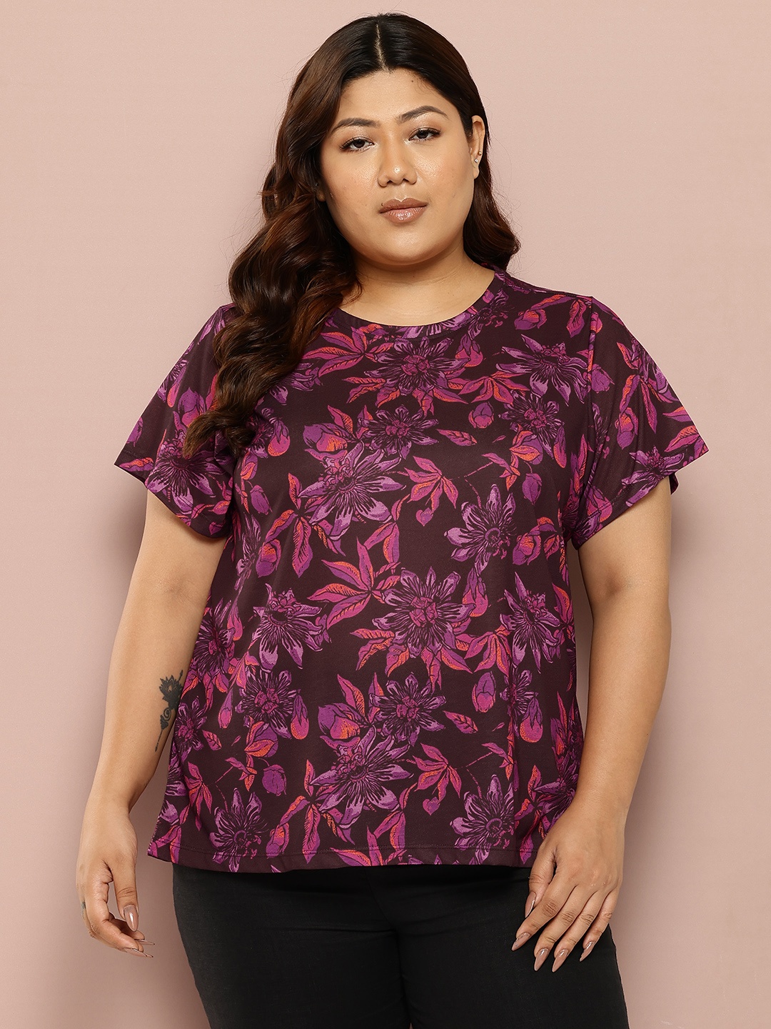 

Sztori Plus Size Floral Print Lounge T-shirt, Brown
