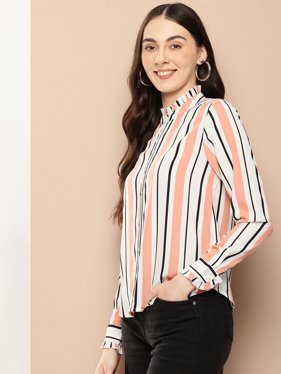 encore by INVICTUS Opaque Striped Casual Shirt, Peach