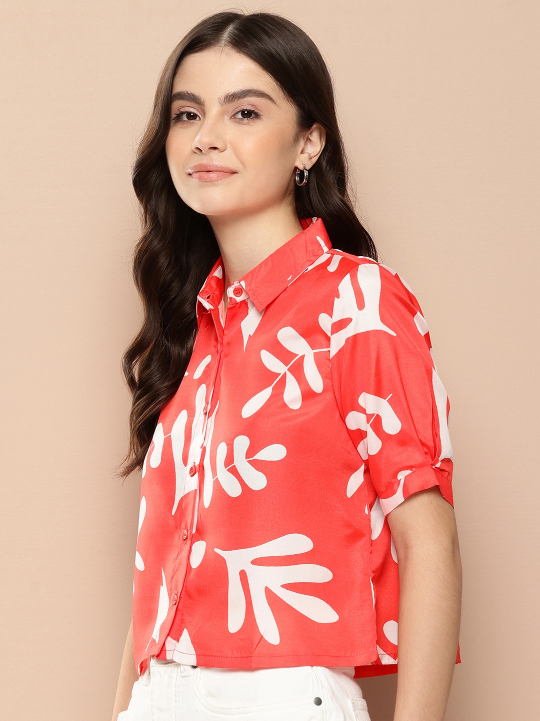 encore by INVICTUS Tropical Opaque Printed Casual Shirt, Red