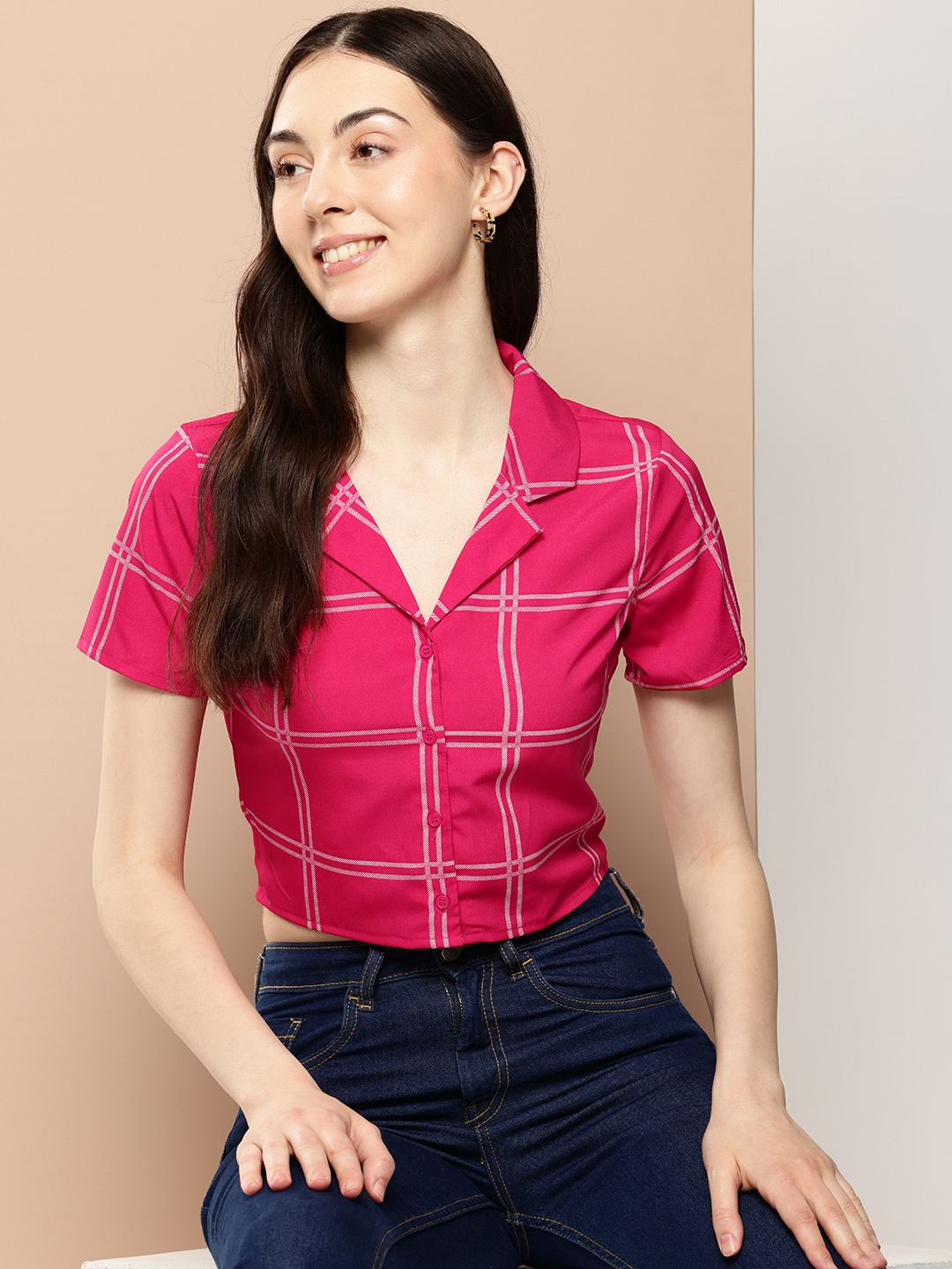 encore by INVICTUS Checked Cropped Casual Shirt, Fuchsia