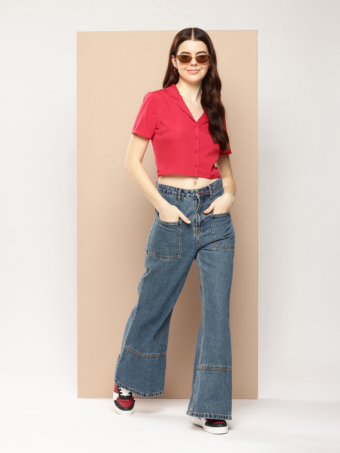 encore by INVICTUS Cuban Collar Casual Crop Shirt, Red
