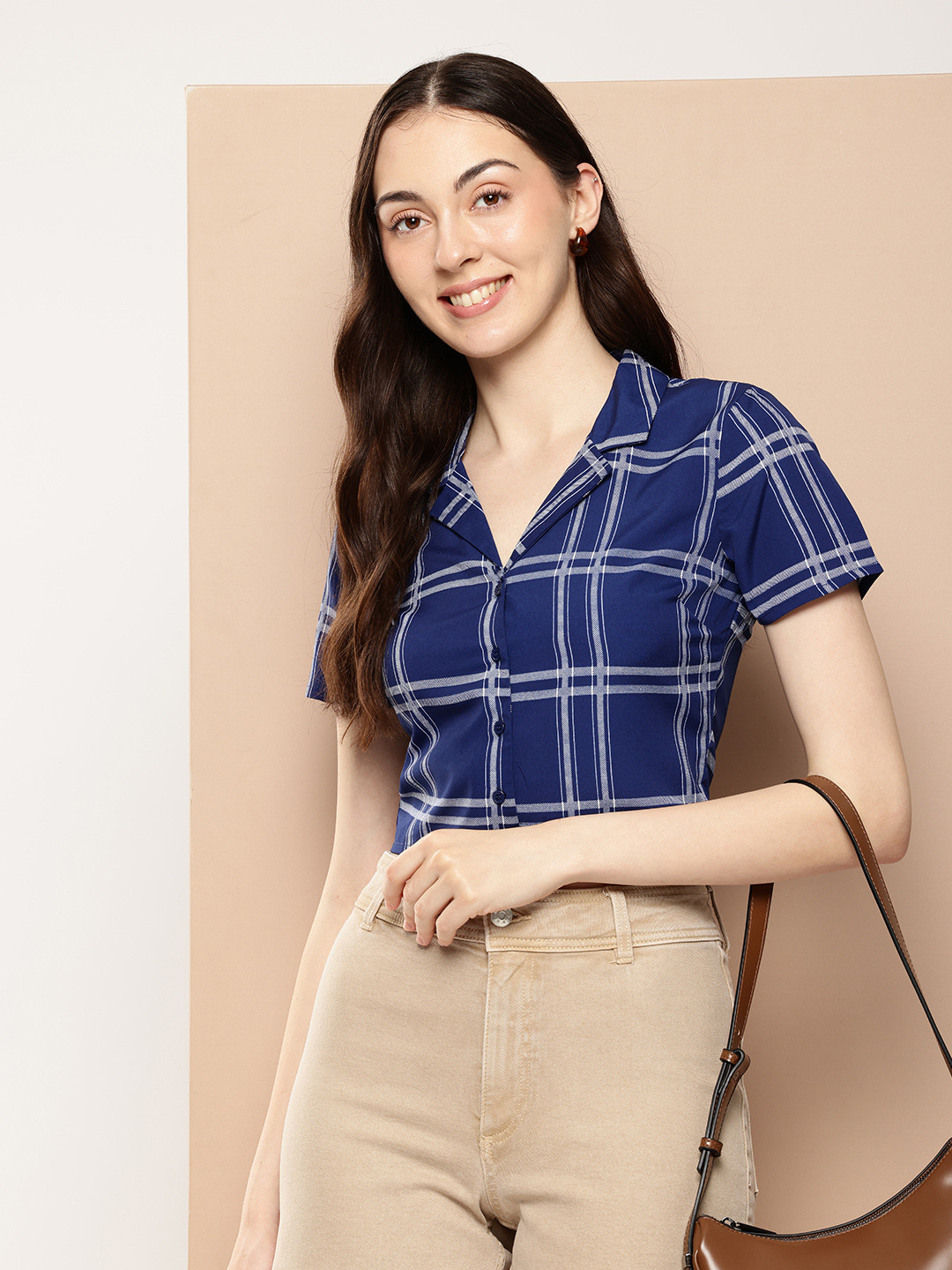 

encore by INVICTUS Checked Cropped Casual Shirt, Navy blue