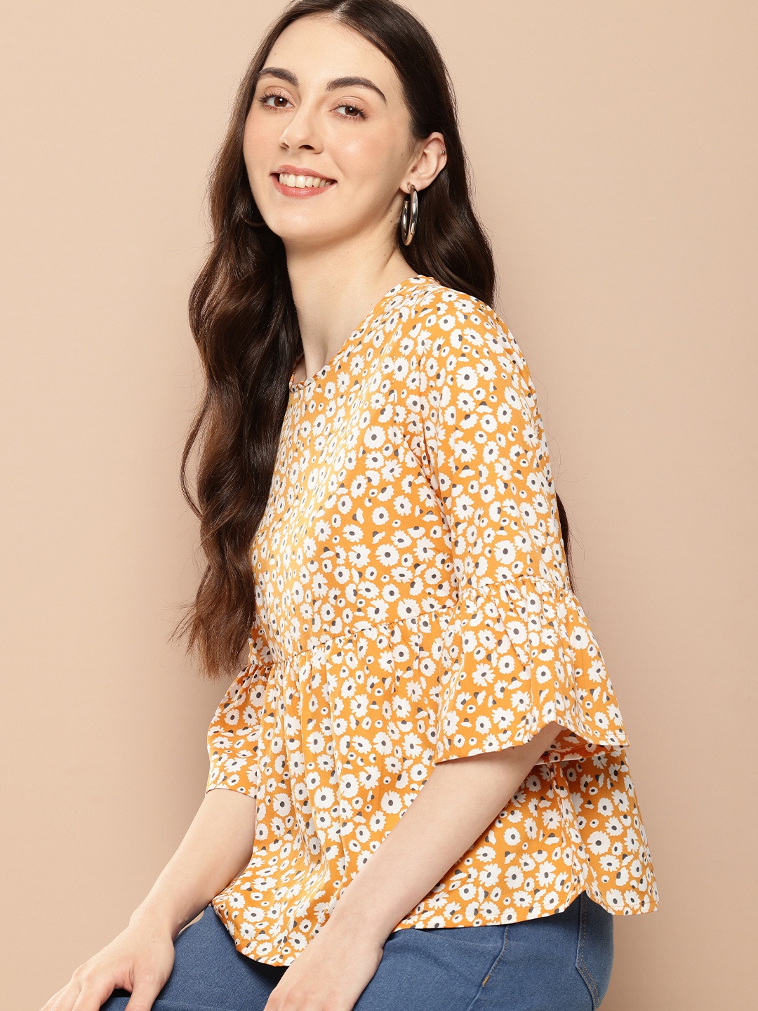 

encore by INVICTUS Floral Printed Bell Sleeve Peplum Top, Yellow