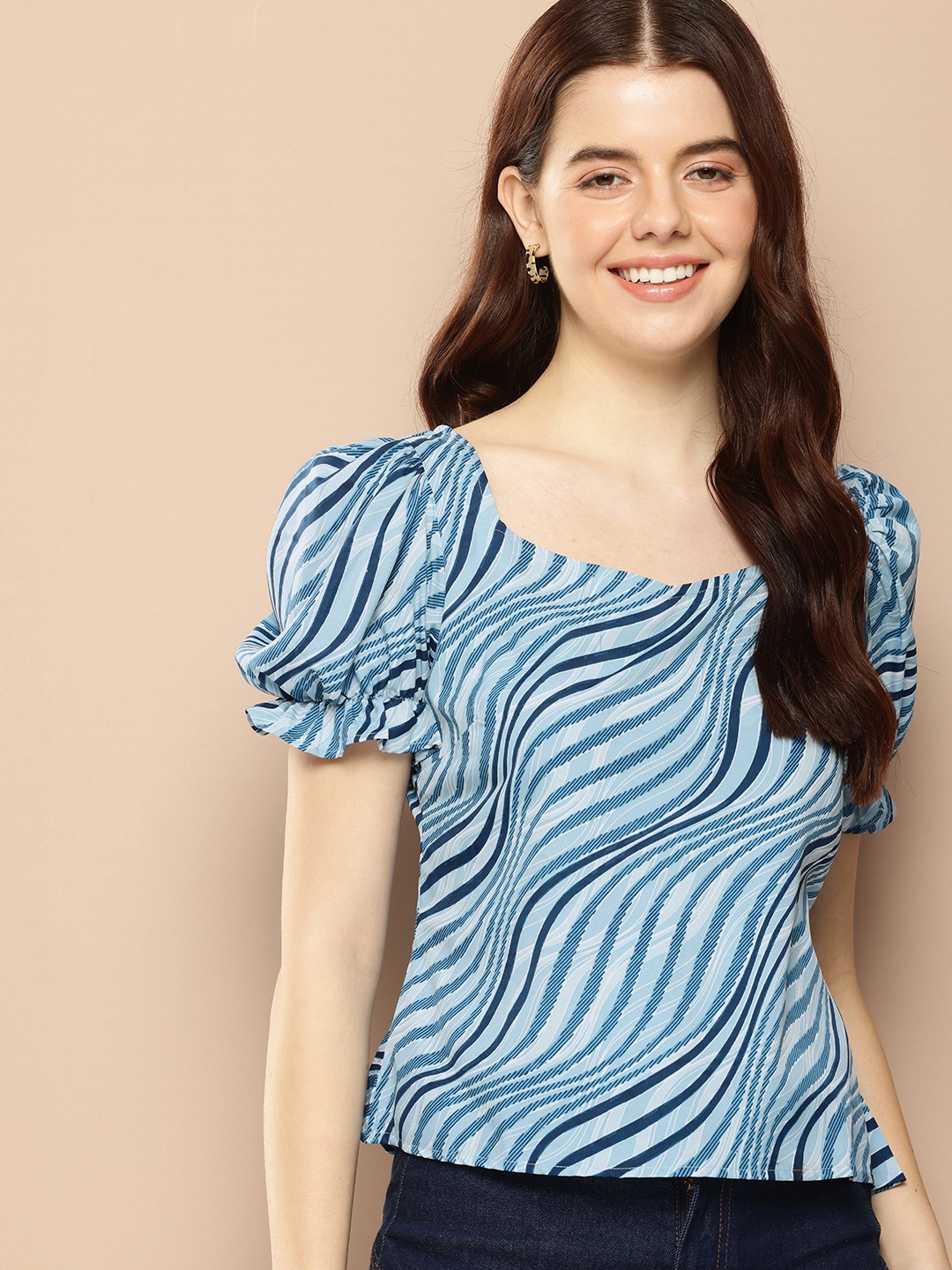 

encore by INVICTUS Abstract Printed Puff Sleeves Top, Blue