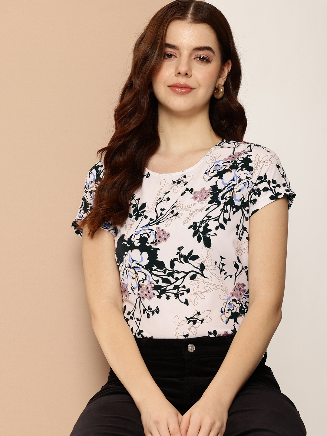 

encore by INVICTUS Floral Printed Top, White