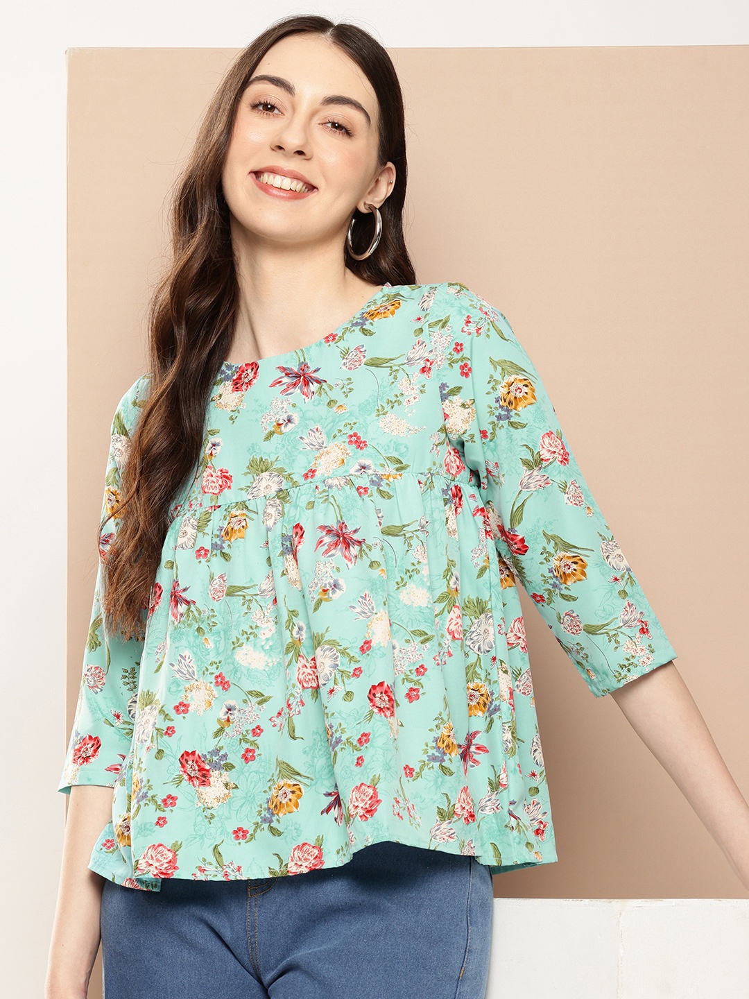 

encore by INVICTUS Floral Printed A-Line Top, Blue