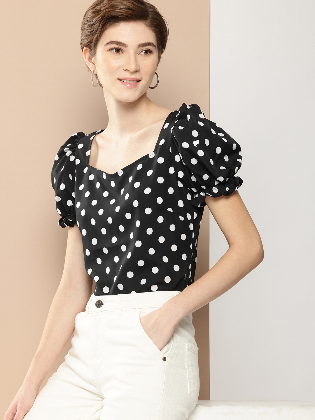 

encore by INVICTUS Polka Dot Print Sweetheart Neck Puff Sleeve Top, Black