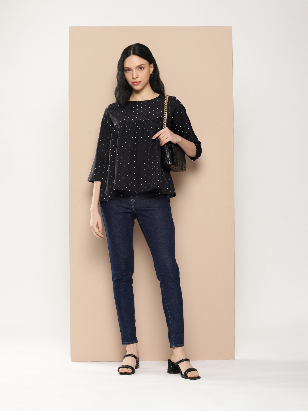 

encore by INVICTUS Polka Dot Printed Gathered Top, Black