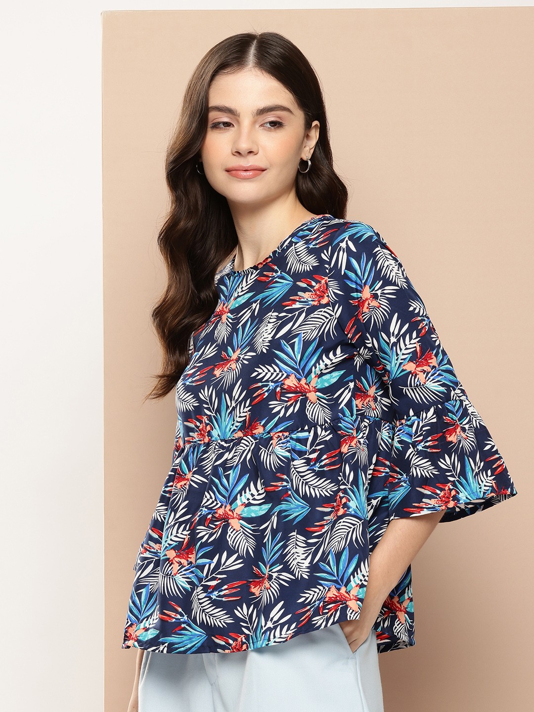 

encore by INVICTUS Floral Printed Bell Sleeves Peplum Top, Navy blue