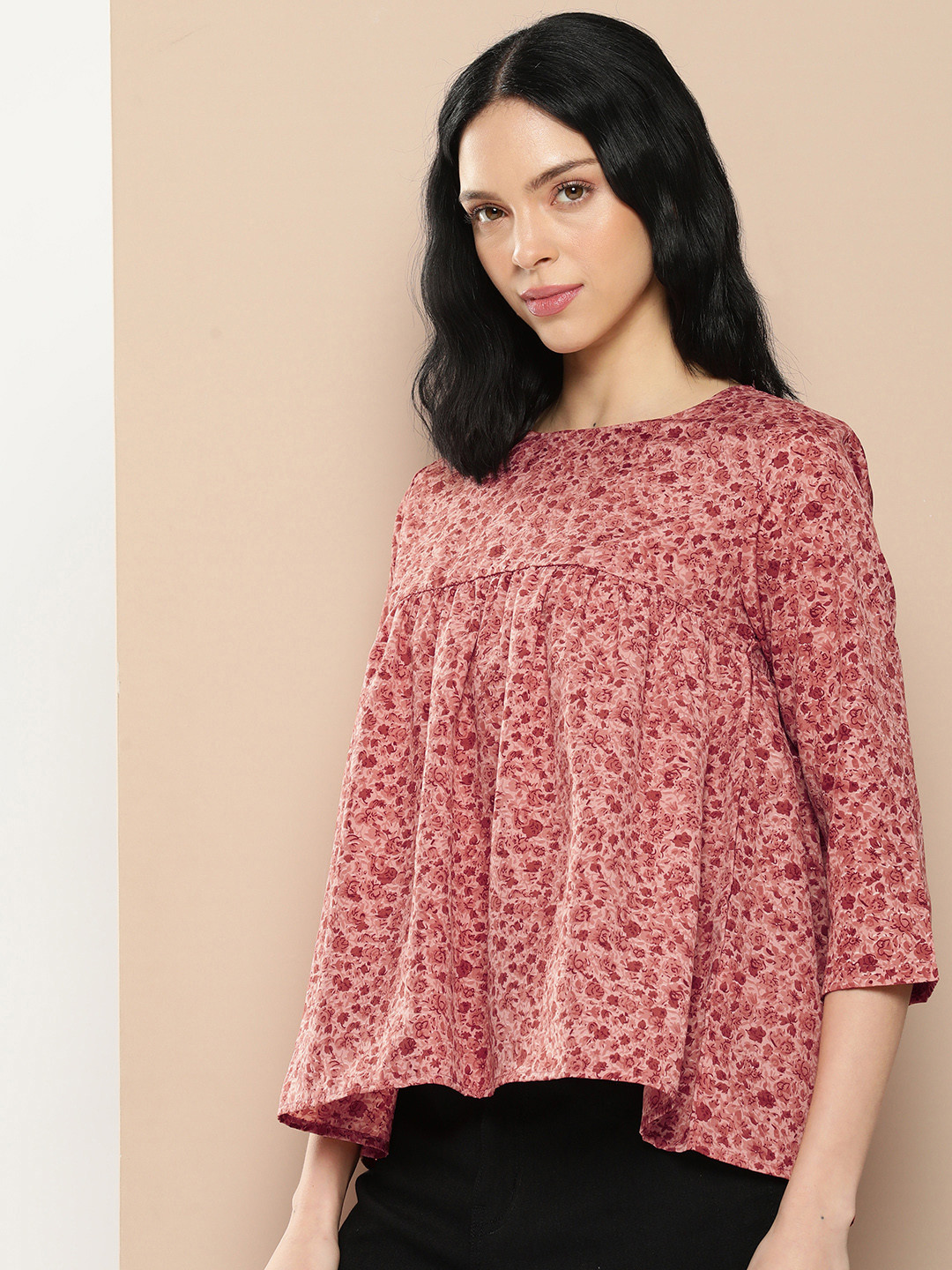 

encore by INVICTUS Floral Printed Gathered Top, Rose