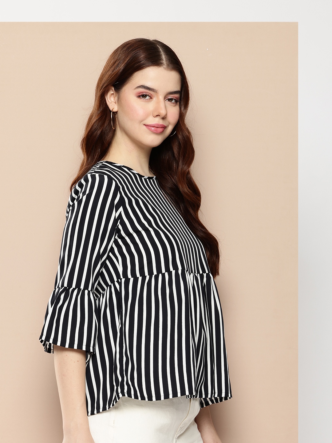 

encore by INVICTUS Striped Bell Sleeves Top, Black