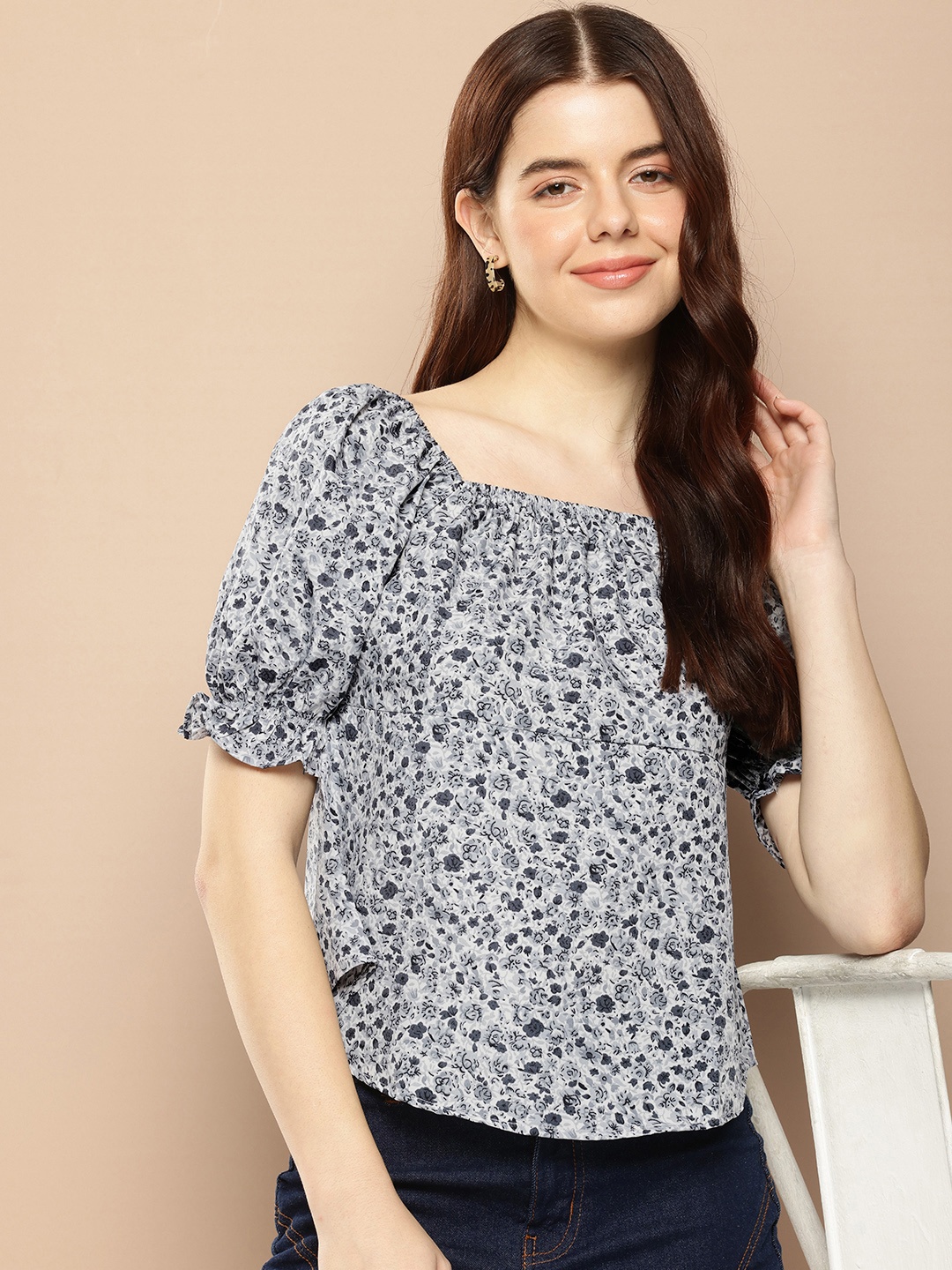 

encore by INVICTUS Floral Printed Puff Sleeves Top, Grey