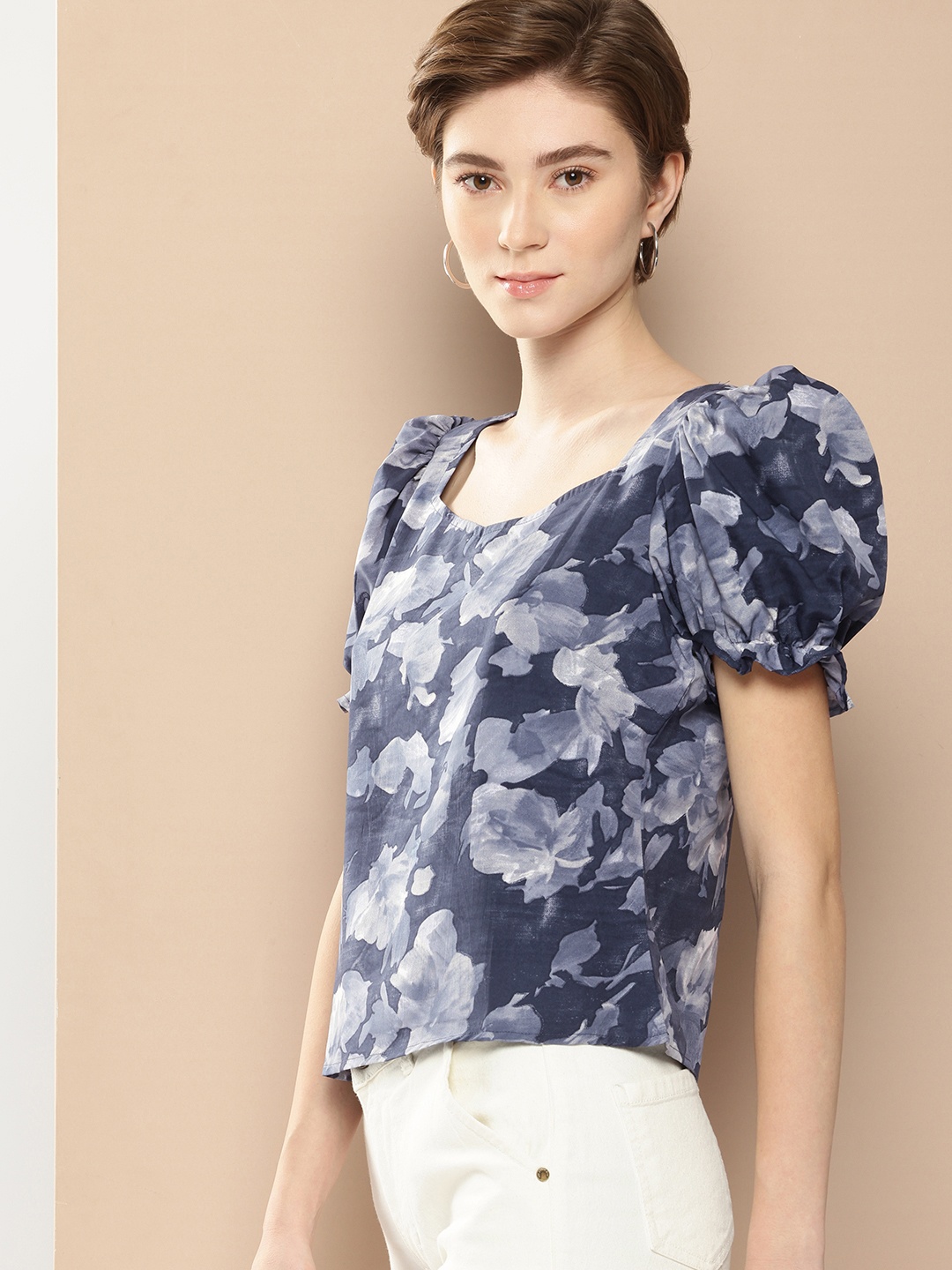 encore by INVICTUS Floral Print Puff Sleeve A-Line Top, Navy blue