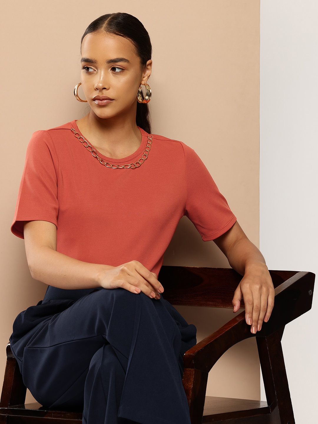 

Chemistry Round Neck Top with Metallic Deet, Rust