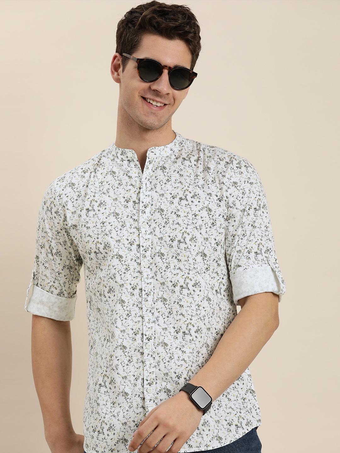 

HERE&NOW Pure Cotton Slim Fit Printed Casual Shirt, White