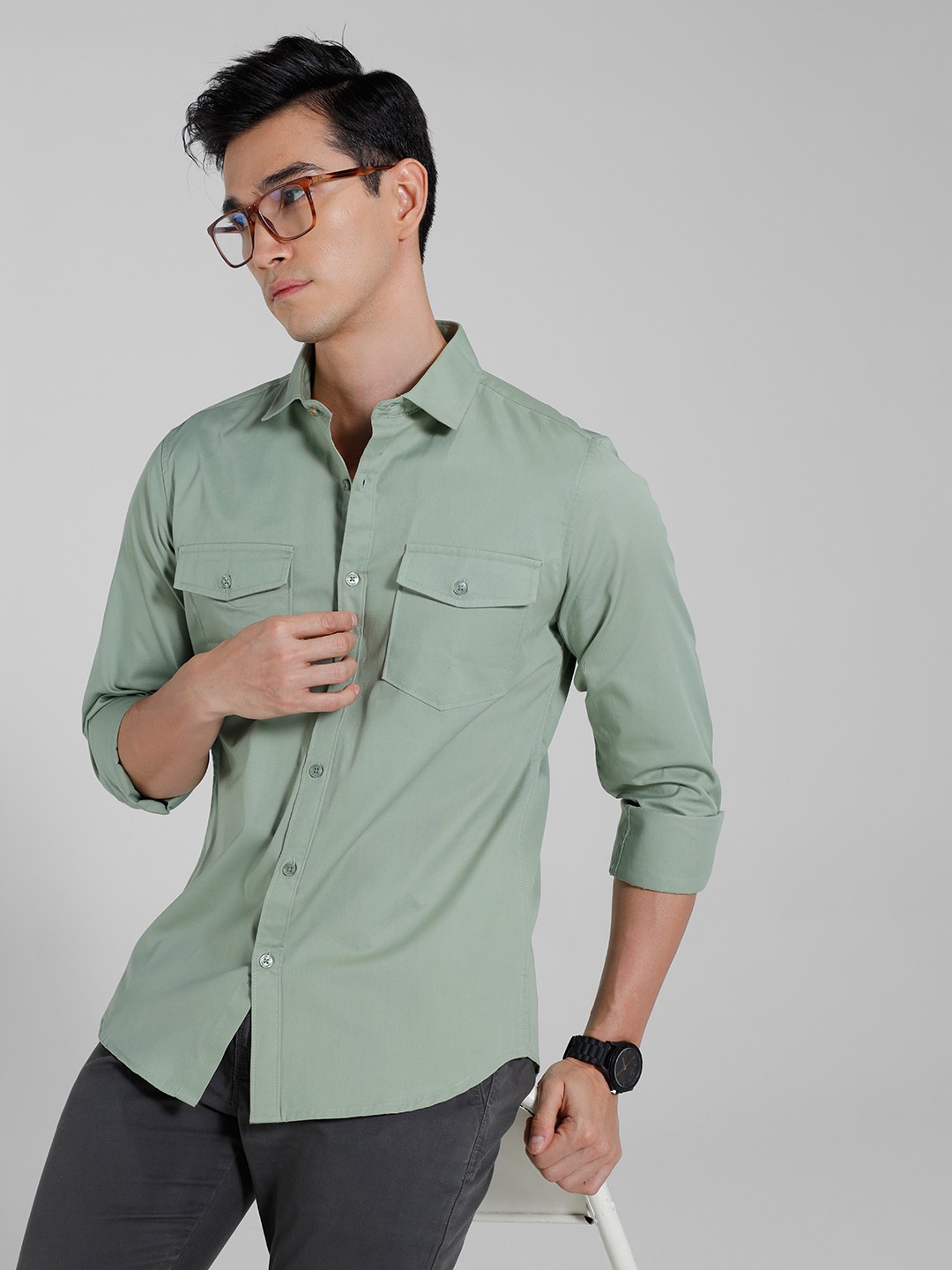 

INVICTUS Pure Cotton Slim Fit Opaque Semiformal Shirt, Green