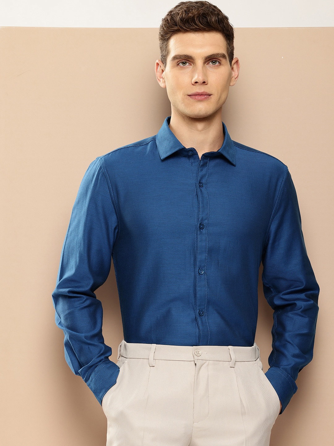 

INVICTUS Pure Cotton Slim Fit Semiformal Shirt, Blue