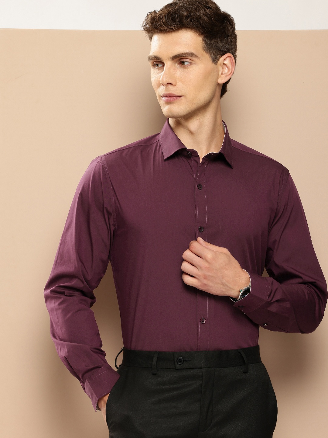 

INVICTUS Pure Cotton Slim Fit Opaque Formal Shirt, Burgundy