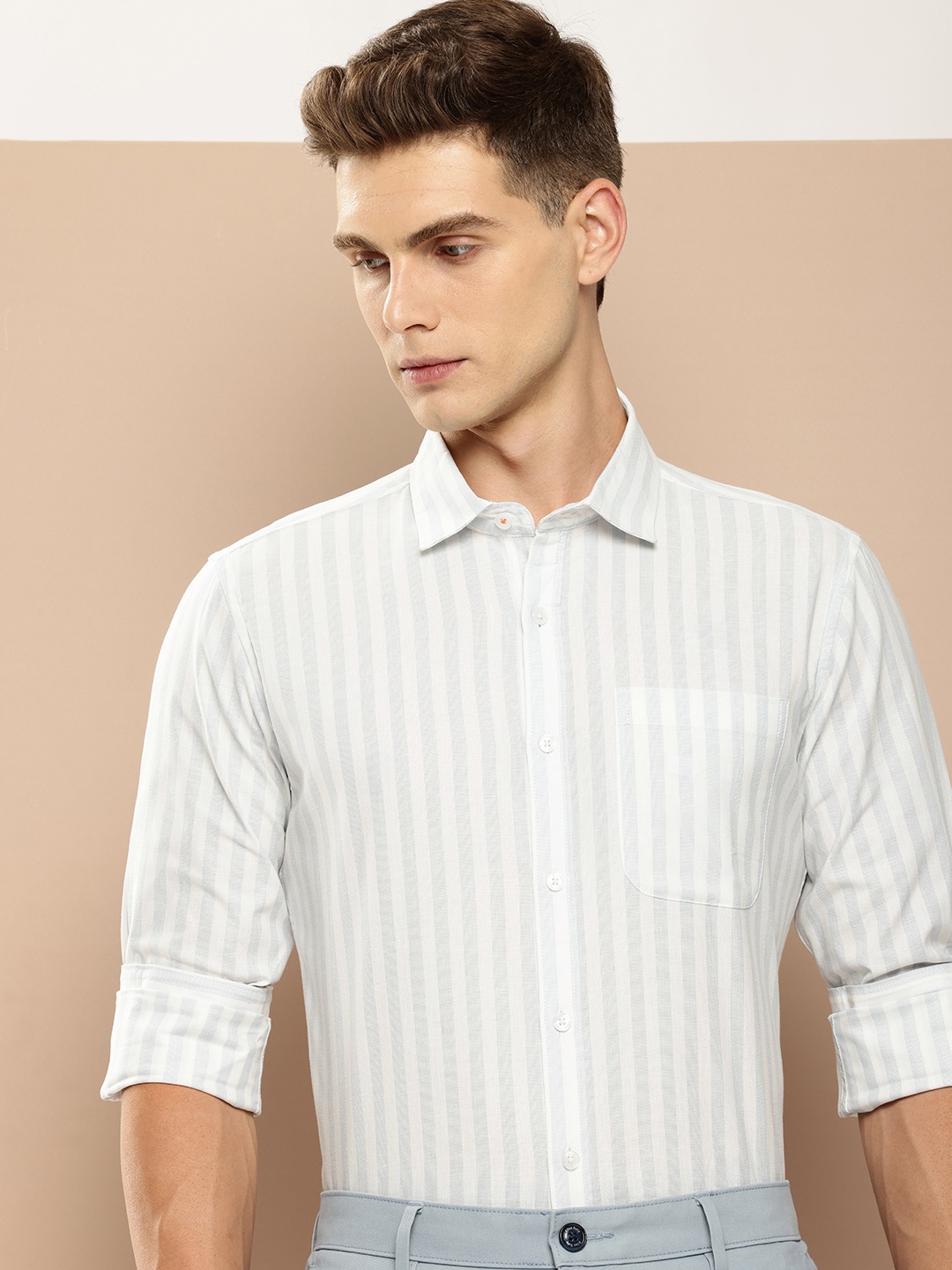 

INVICTUS Pure Cotton Slim Fit Striped Iron Free Semiformal Shirt, White