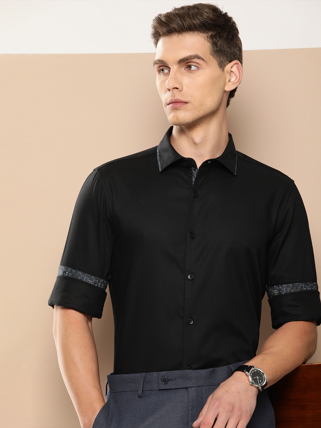 

INVICTUS Pure Cotton Slim Fit Opaque Semiformal Shirt, Black