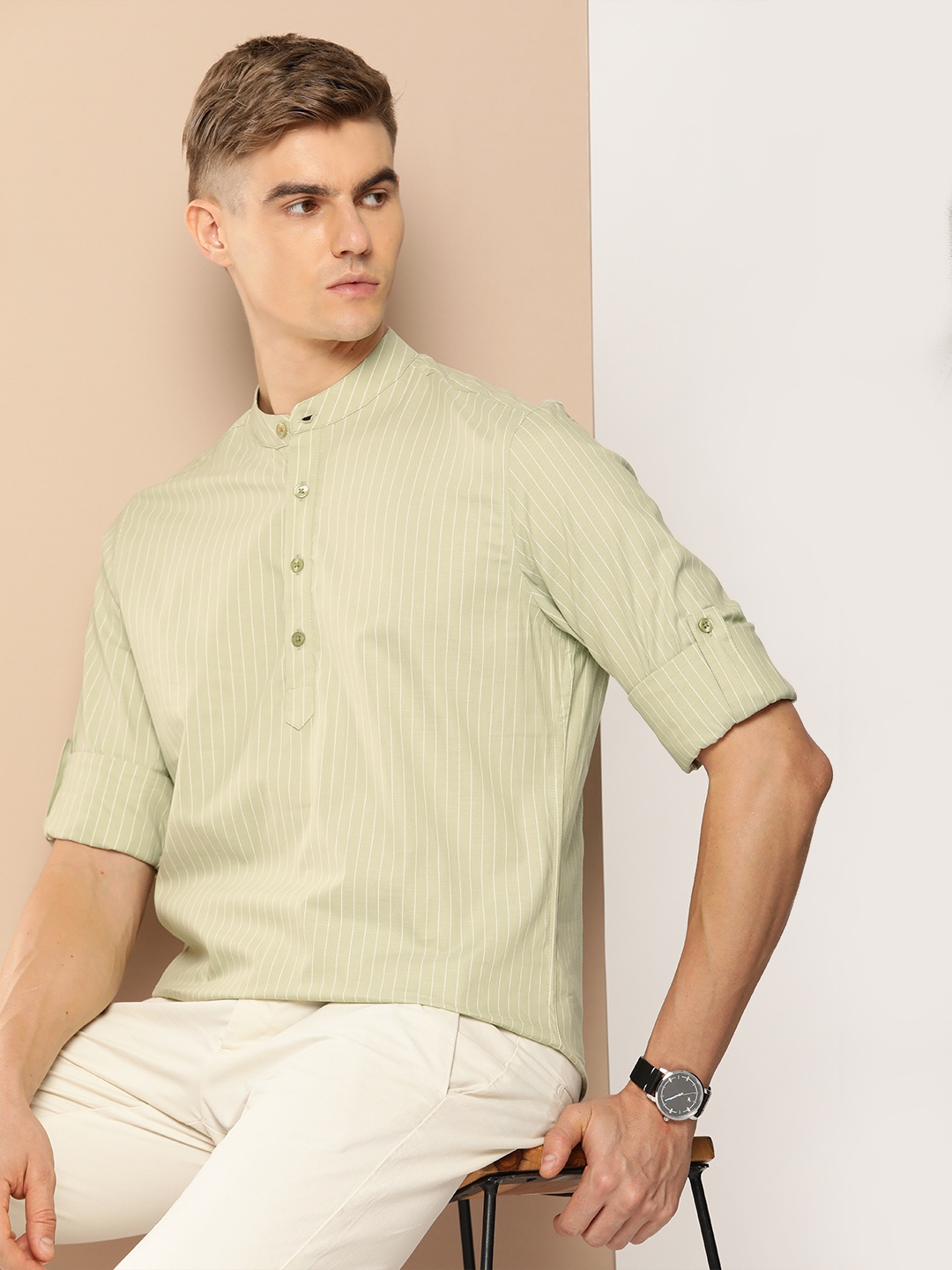 

INVICTUS Pure Cotton Sport Slim Fit Opaque Striped Casual Shirt, Green