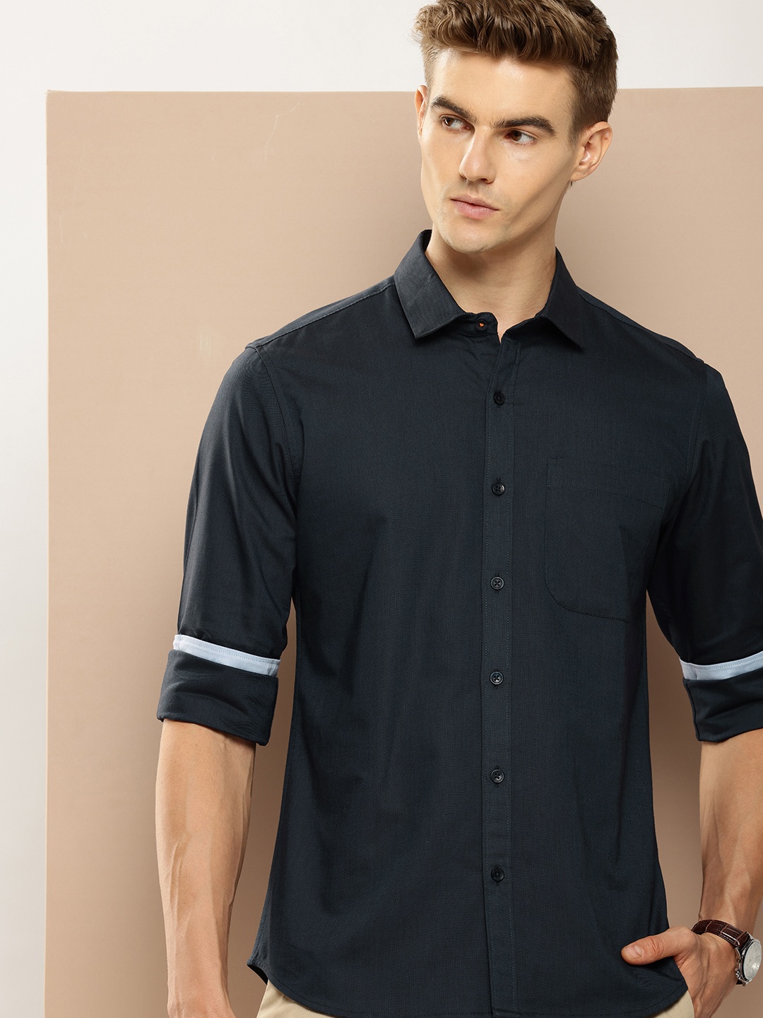 

INVICTUS Pure Cotton Slim Fit Iron Free Casual Shirt, Navy blue