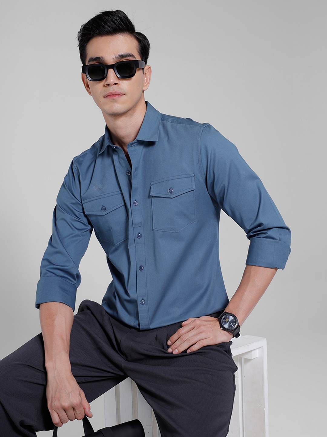 

INVICTUS Pure Cotton Slim Fit Opaque Semiformal Shirt, Blue