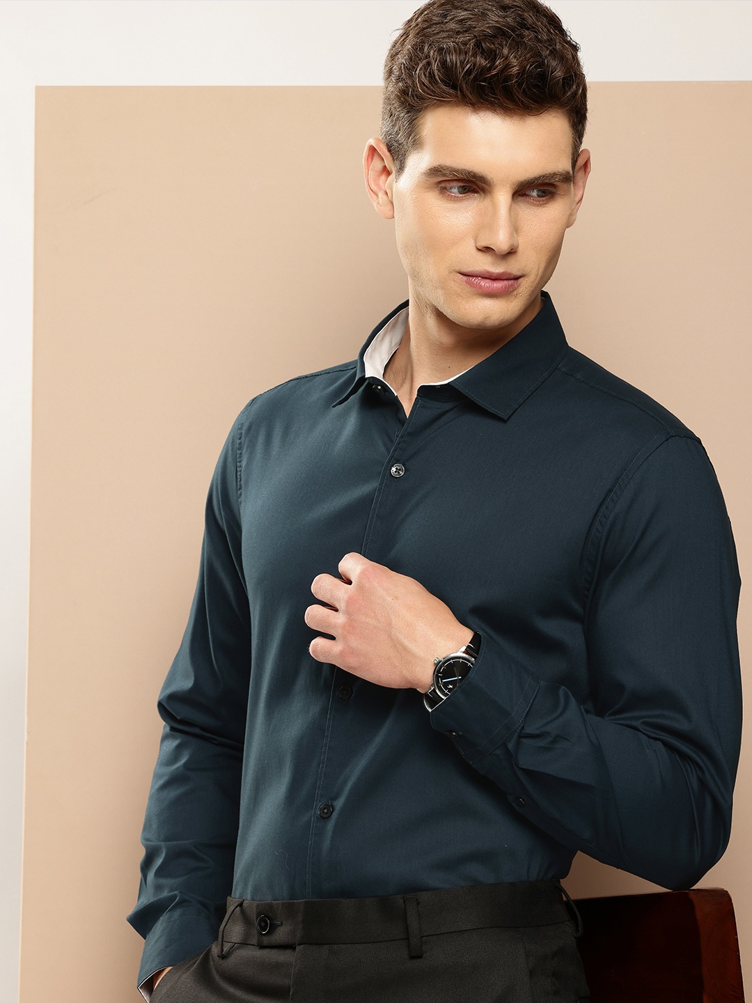 

INVICTUS Pure Cotton Slim Fit Opaque Formal Shirt, Navy blue