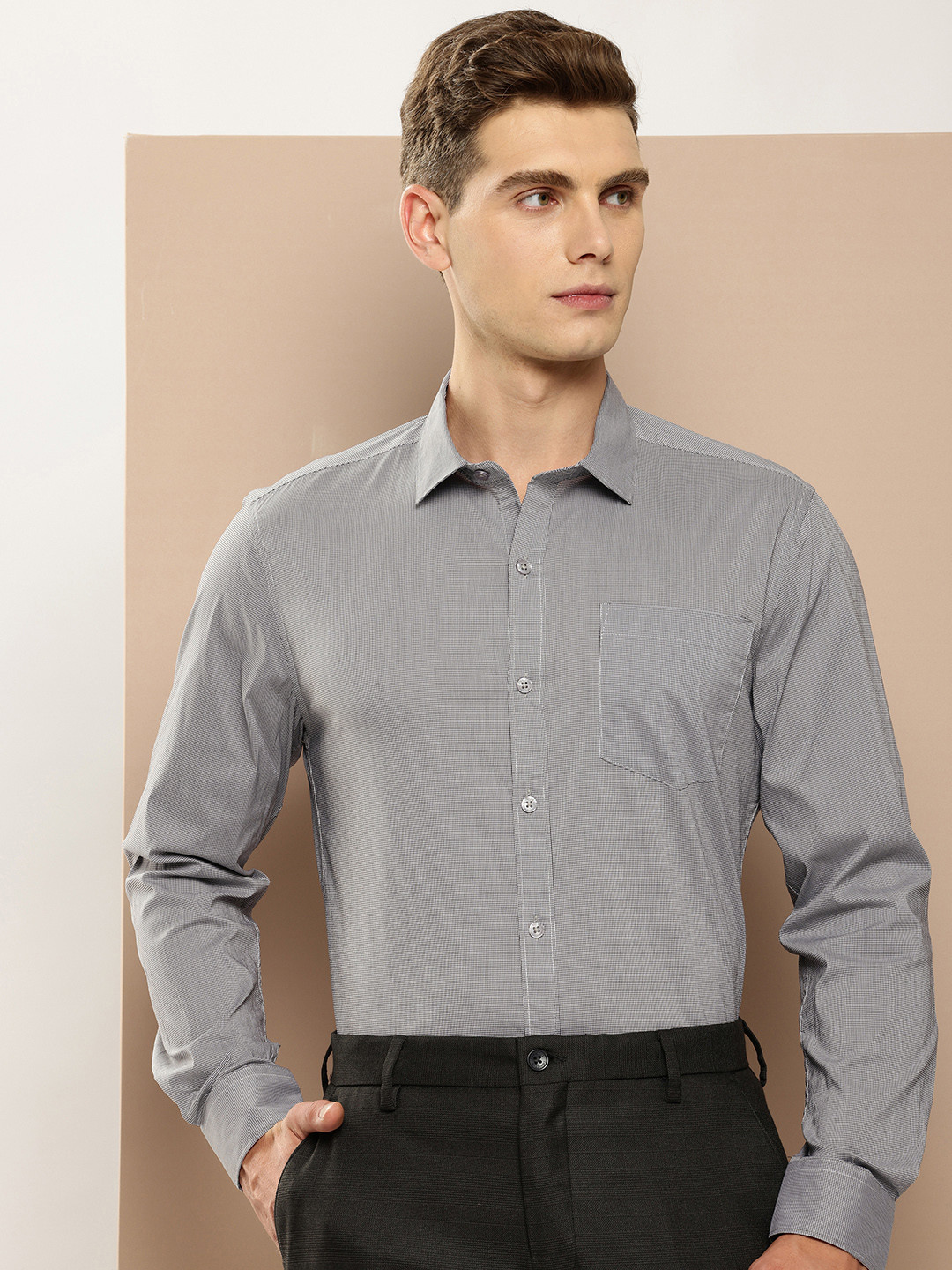 

INVICTUS Pure Cotton Slim Fit Micro Checked Formal Shirt, Grey