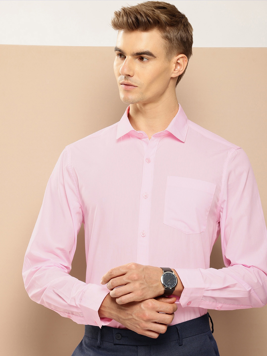 

INVICTUS Pure Cotton Slim Fit Micro Checked Formal Shirt, Pink