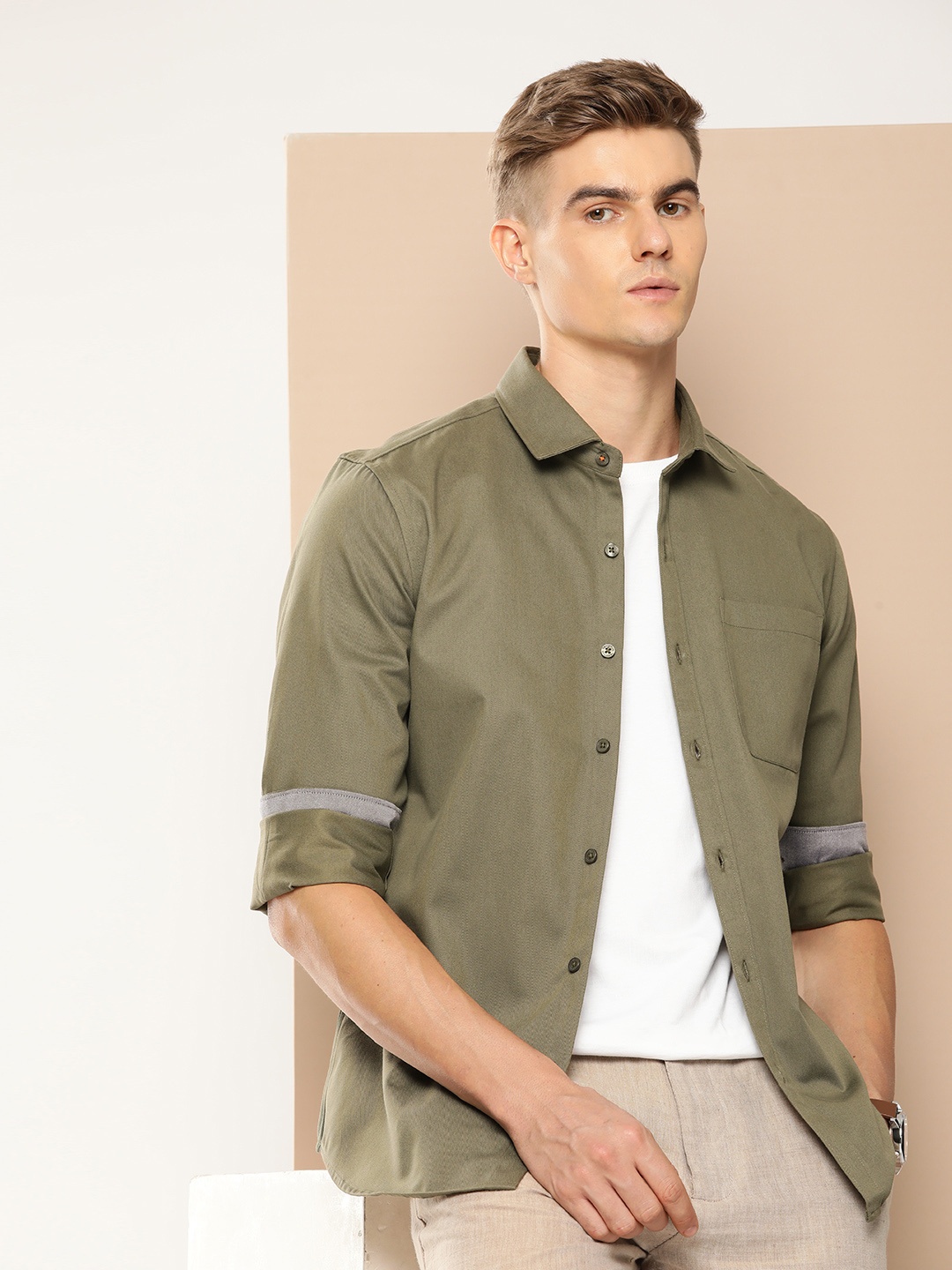 

INVICTUS Pure Cotton Sport Slim Fit Opaque Casual Shirt, Olive
