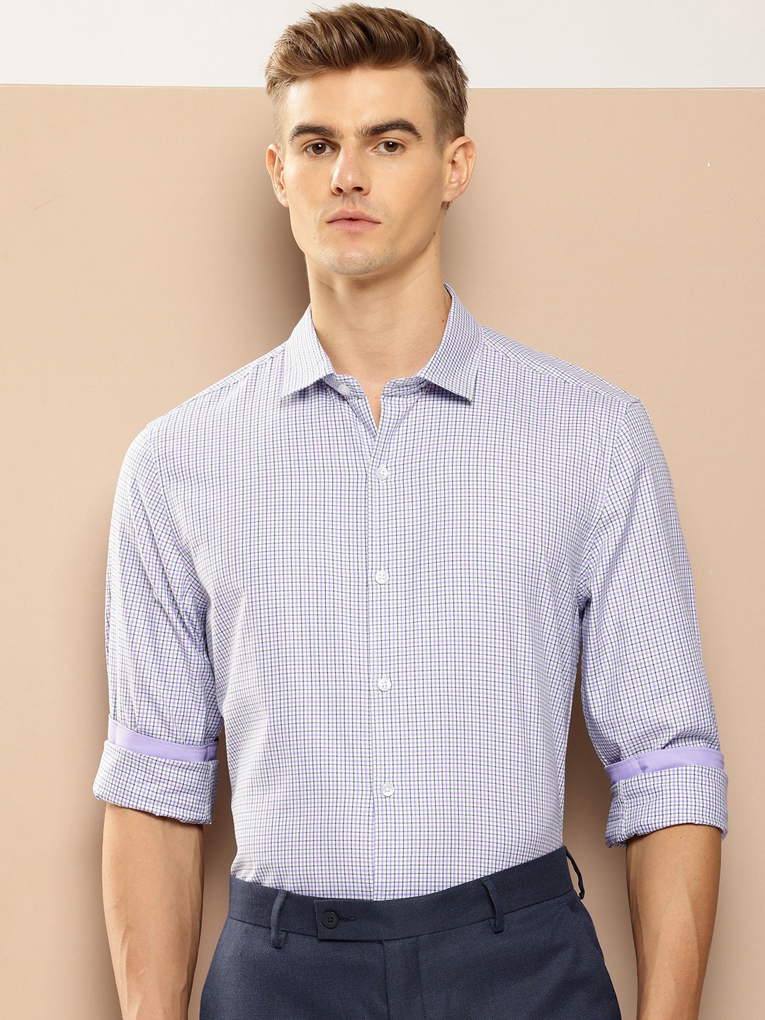

INVICTUS Pure Cotton Slim Fit Checked Formal Shirt, Violet