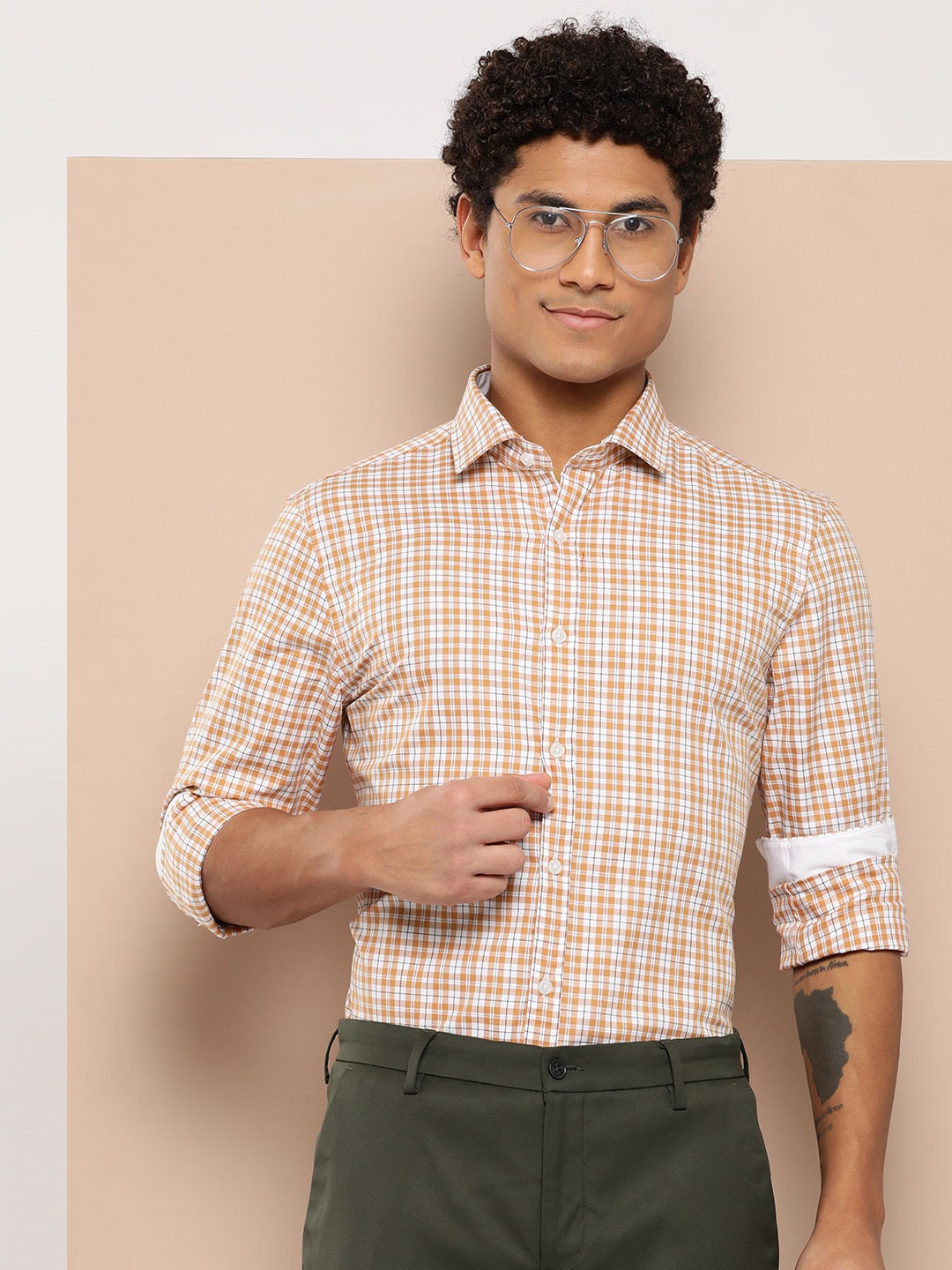 

INVICTUS Cotton Tartan Checked Casual Shirt, Beige