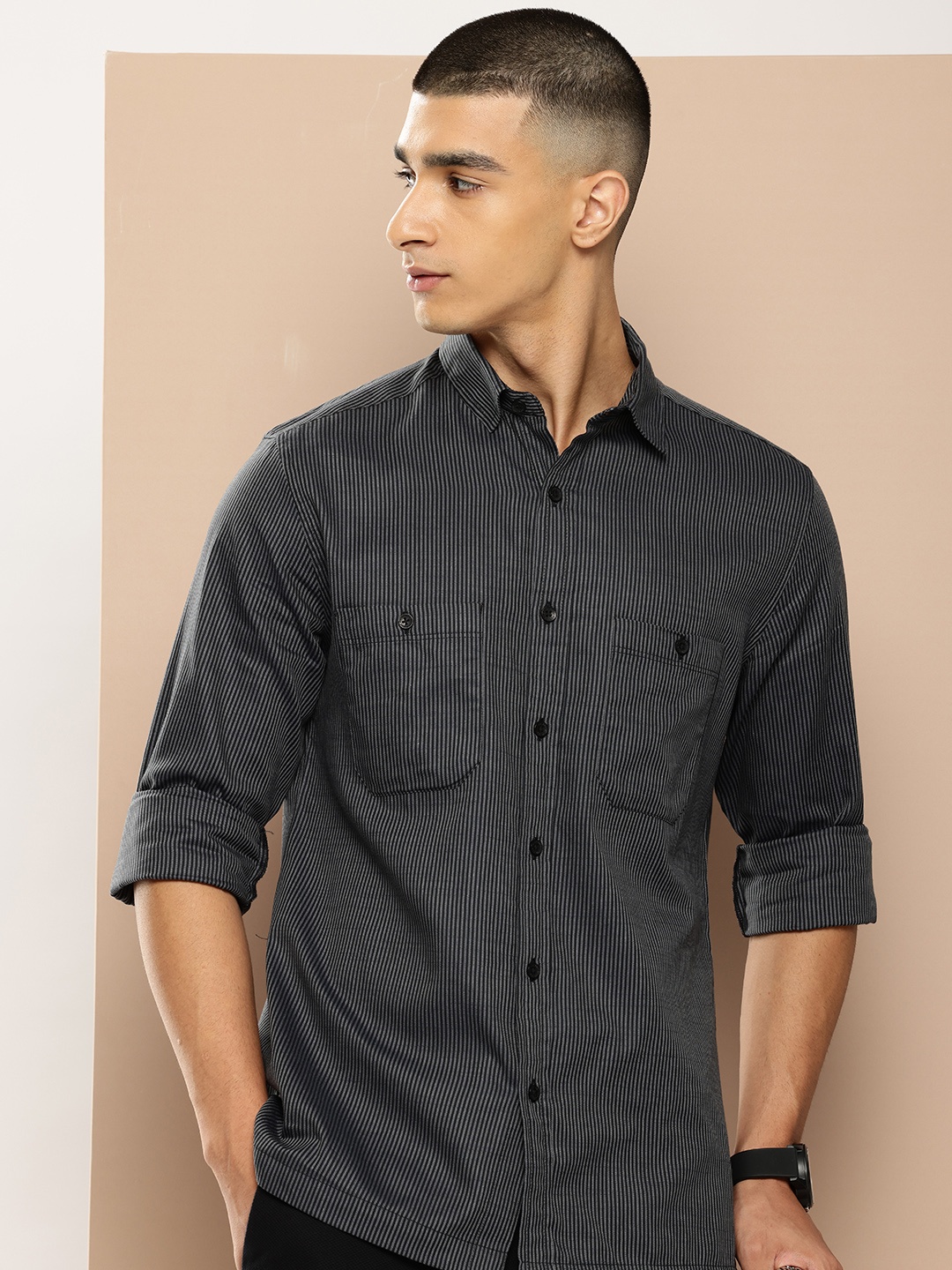 

INVICTUS Pure Cotton Slim Fit Striped Casual Shirt, Grey