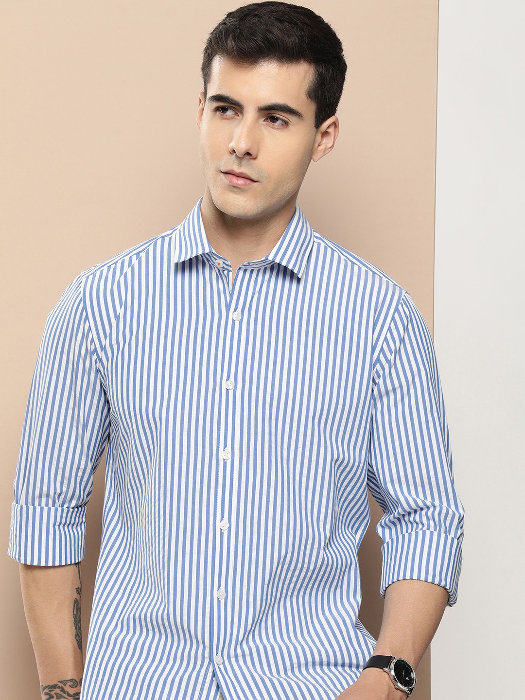 

INVICTUS Pure Cotton Slim Fit Striped Casual Shirt, Blue