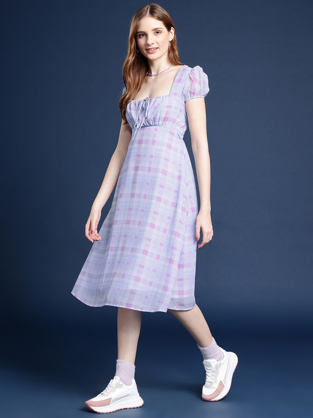 

Mast & Harbour Checked Puff Sleeve A-Line Dress, Blue