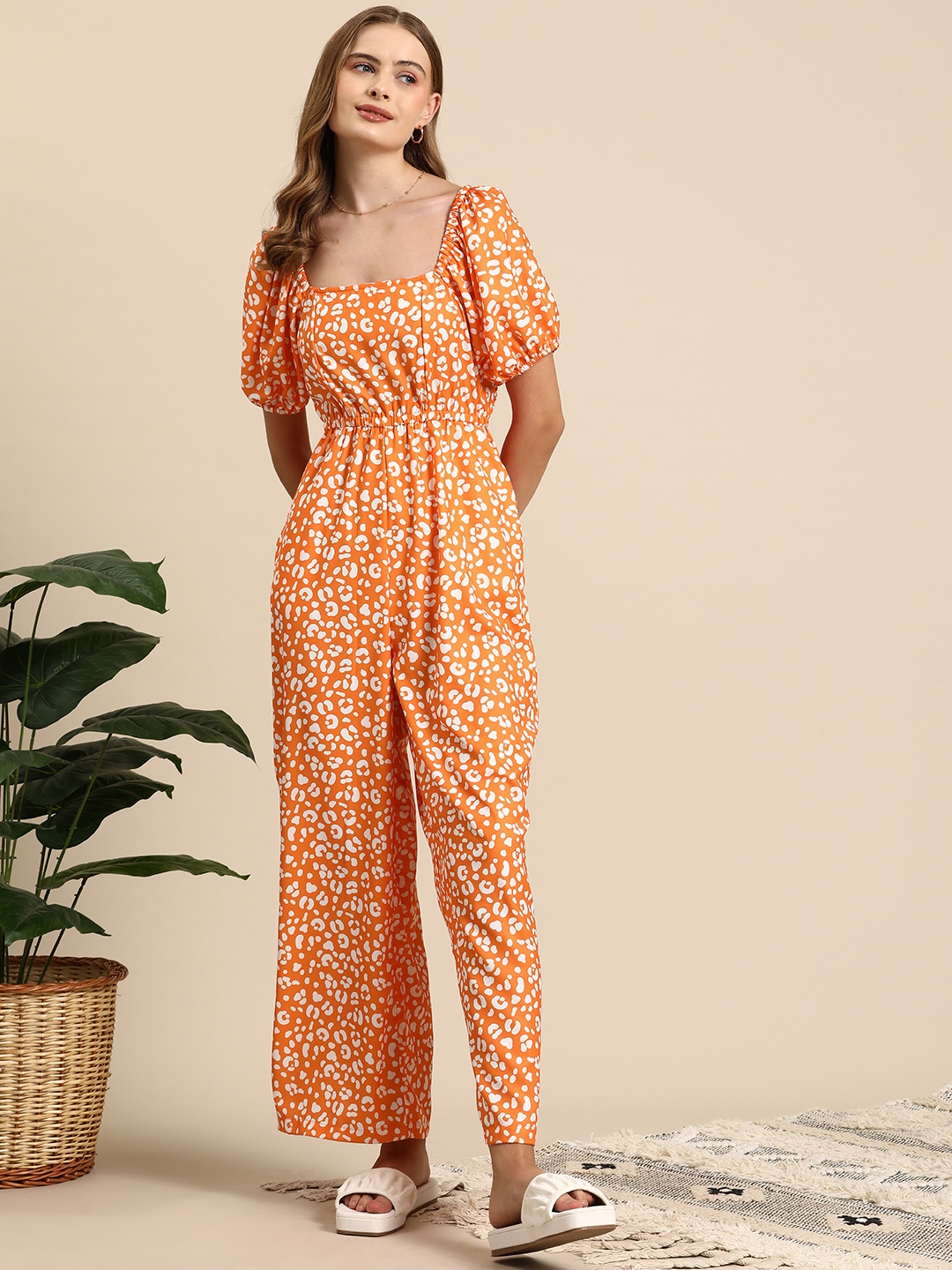 

Mast & Harbour Printed Smock-Detail Puff Sleeves Basic Jumpsuit, Orange