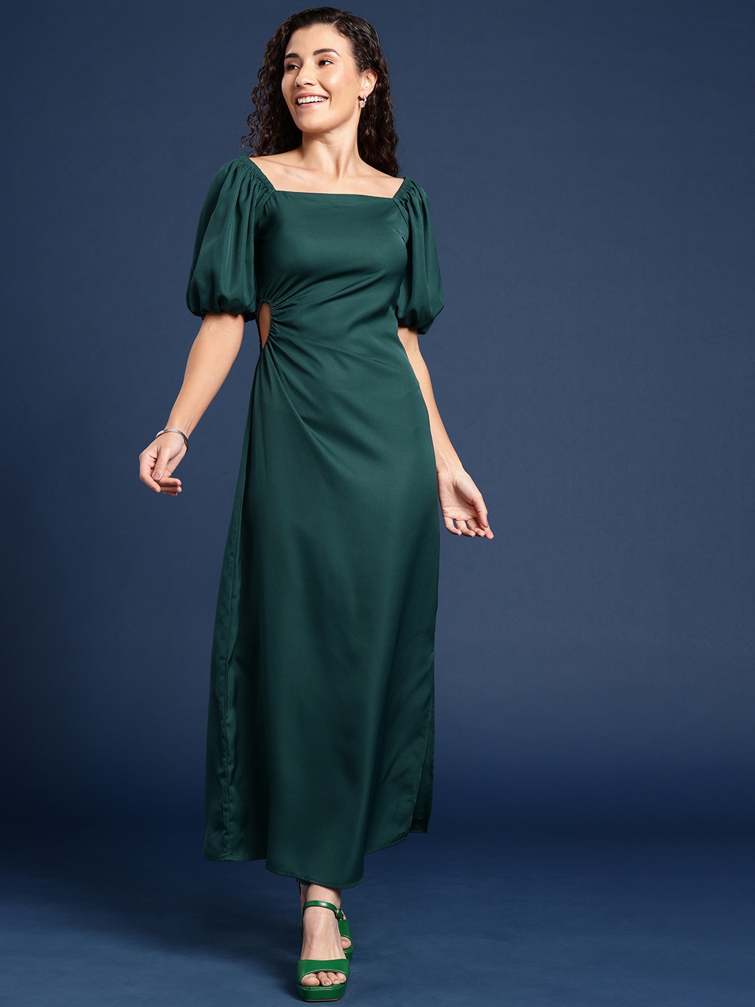 

Mast & Harbour Solid Puff Sleeve Cut-out Maxi Dress, Green