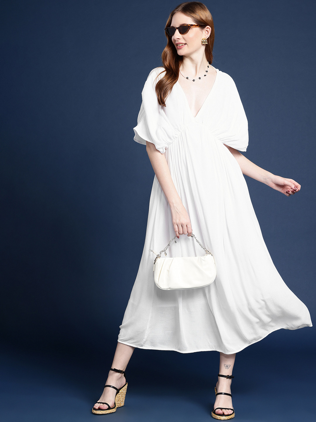 

Mast & Harbour V-Neck Gathered A-Line Dress, White