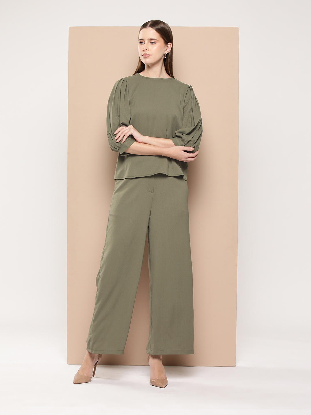 

her by invictus Puff-Sleeves Top & Flared Trousers Co-ords, Taupe